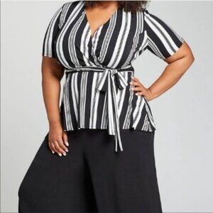 Lane Bryant 22/24 Black White Striped Stretch Knit‎ Faux Wrap Top Blouse Plus 2X